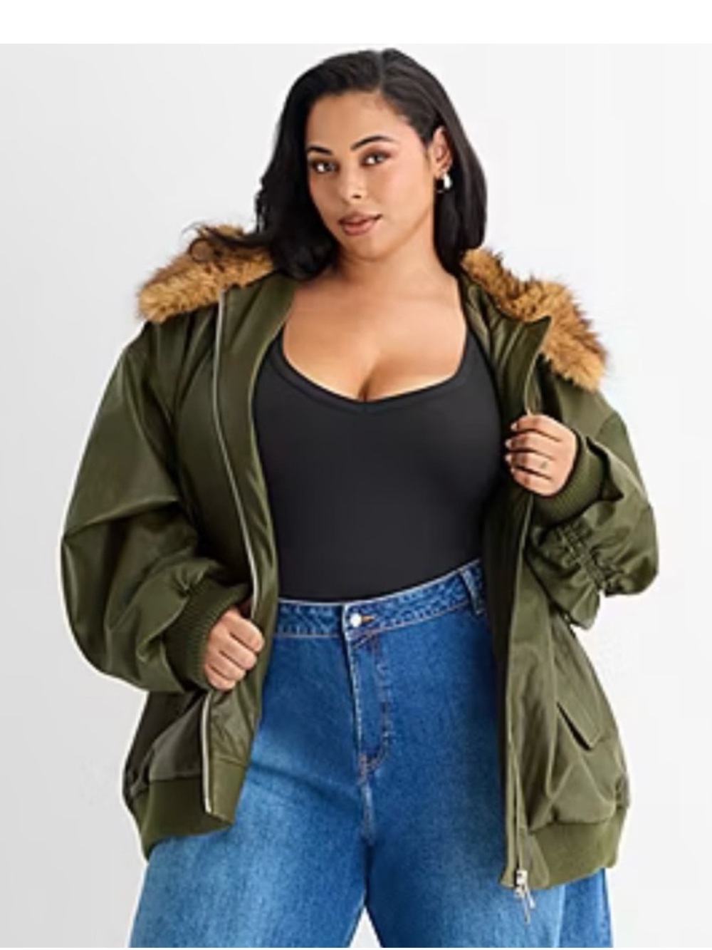 NWT Ashley Graham Olive Faux Leather Bomber Jacket Tan Fur Collar Plus size